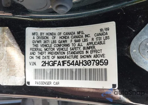 2010 Honda Civic Lx from USA, damaged, VIN 2HGFA1F54AH307959